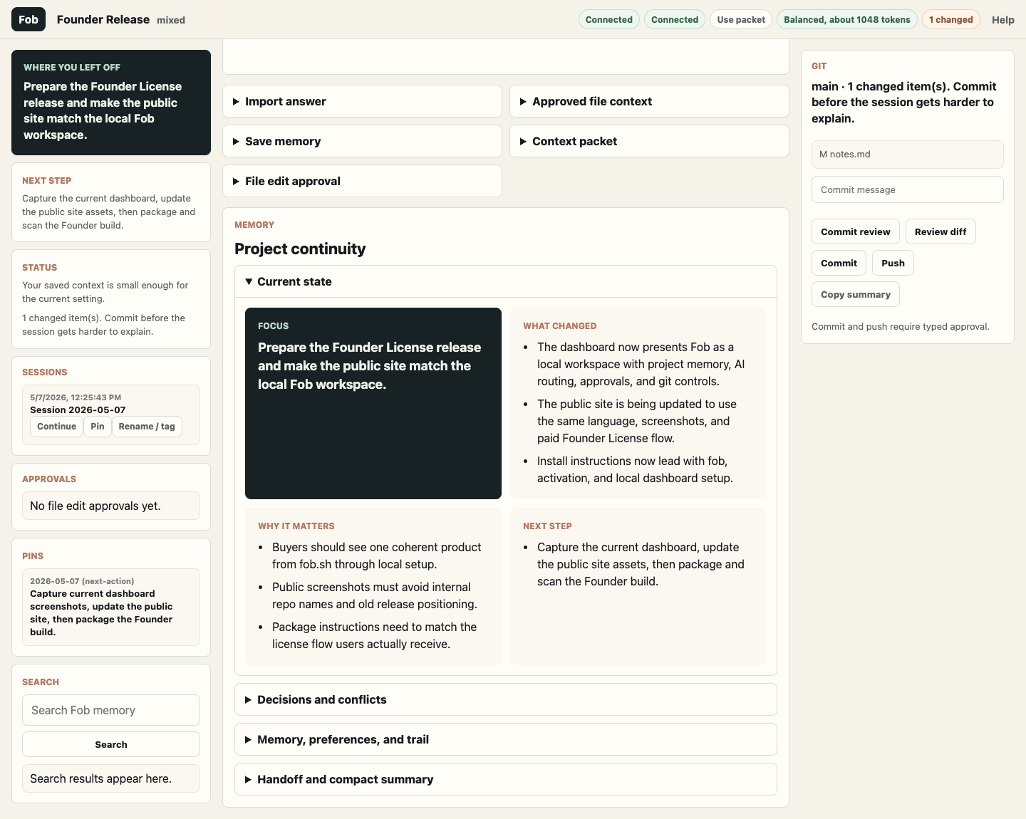 Fob project memory section showing saved decisions, pinned notes, handoff controls, and search.