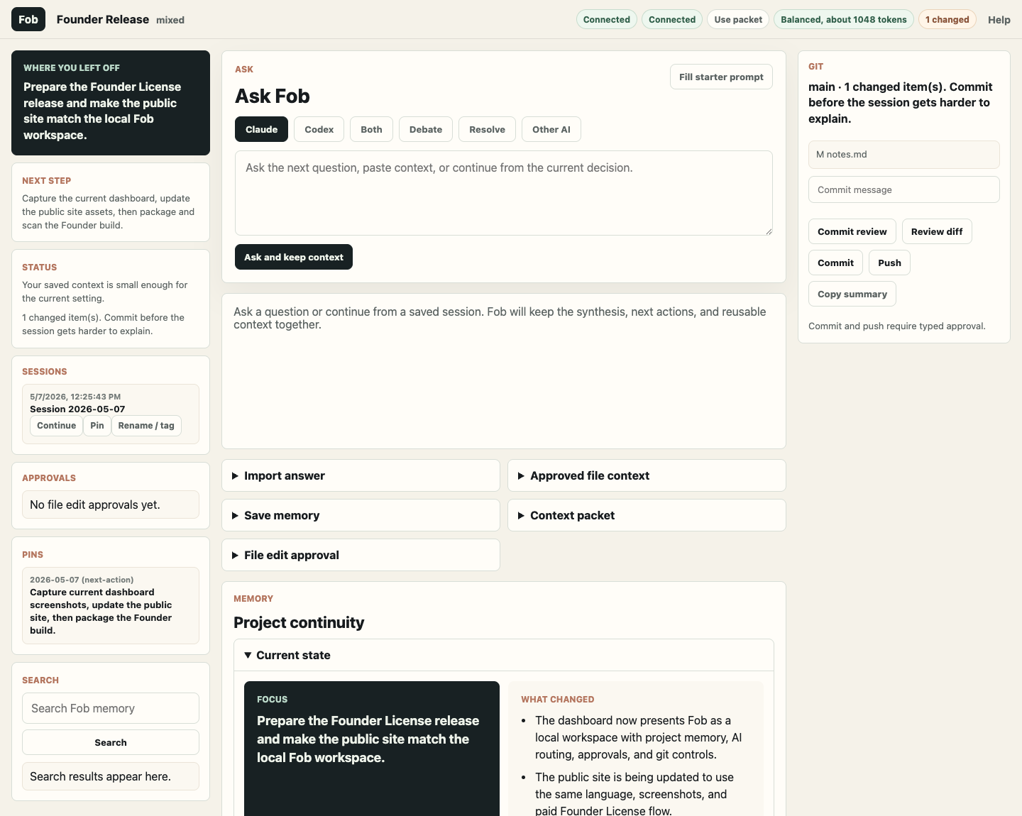 Fob local dashboard showing the ask area, project status, context estimate, and first tester flow.